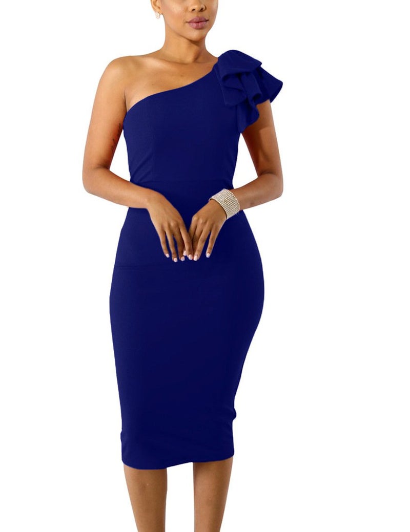 Mokoru Women's Sexy Ruffle One Shoulder Bodycon Elegant Cocktail Party Midi Dresses, Medium, Dark Blue - Image 2
